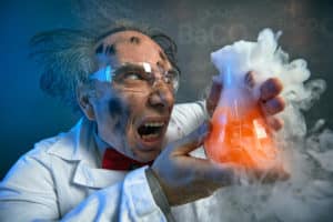 Angry scientist with his failed experiment, yelling on test tube