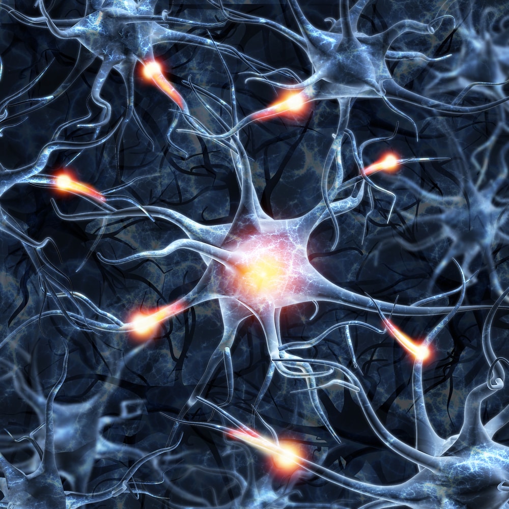 Illustration of a nerve cell on a colored background with light effects. 3D render of Neurons Network. Active neurons brain connections nervous system.