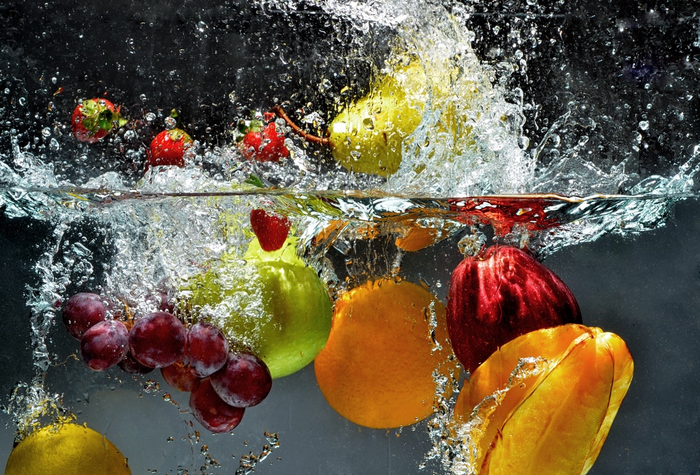 Fresh Fruit and Vegetables being shot as they submerged under water. So fresh and delicious. This idea can also be use to show washing food before being process further.
