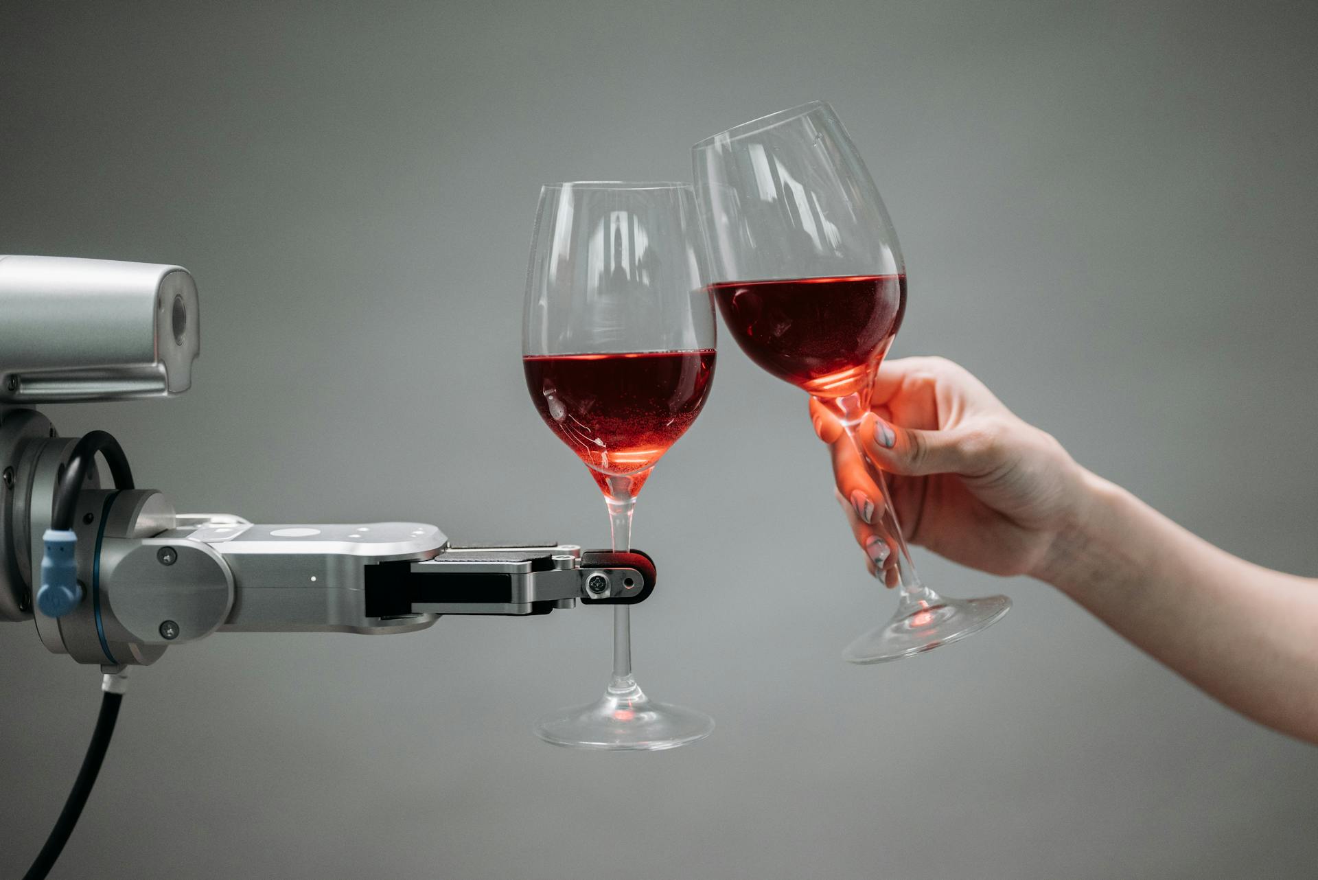 Robot and human clink wine glasses in partnership.