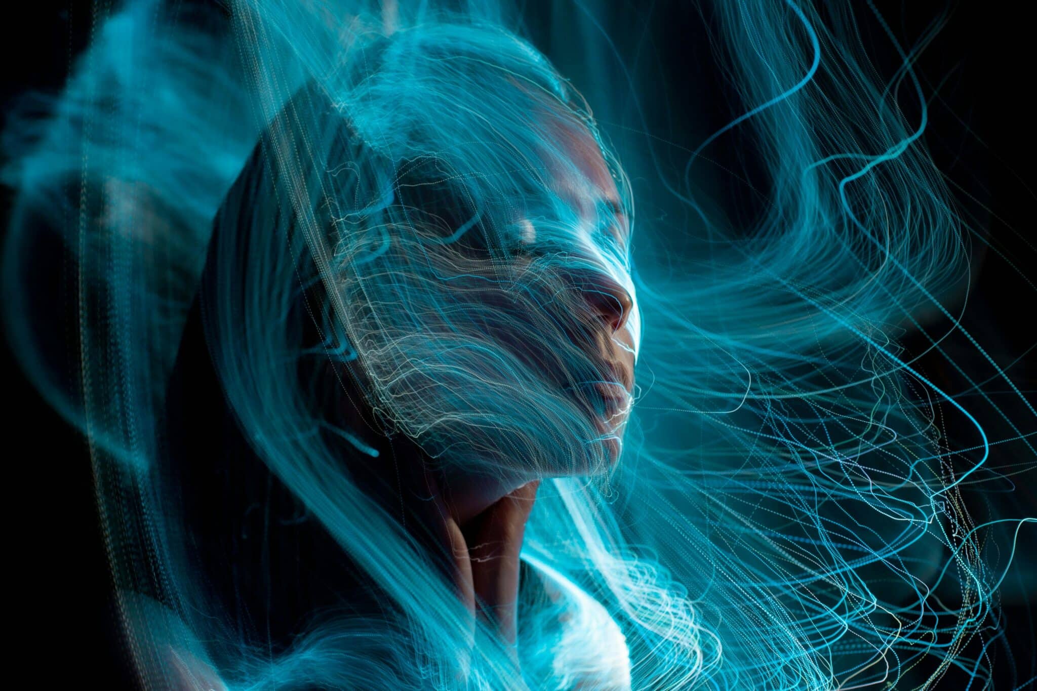 streams of light over a woman's face