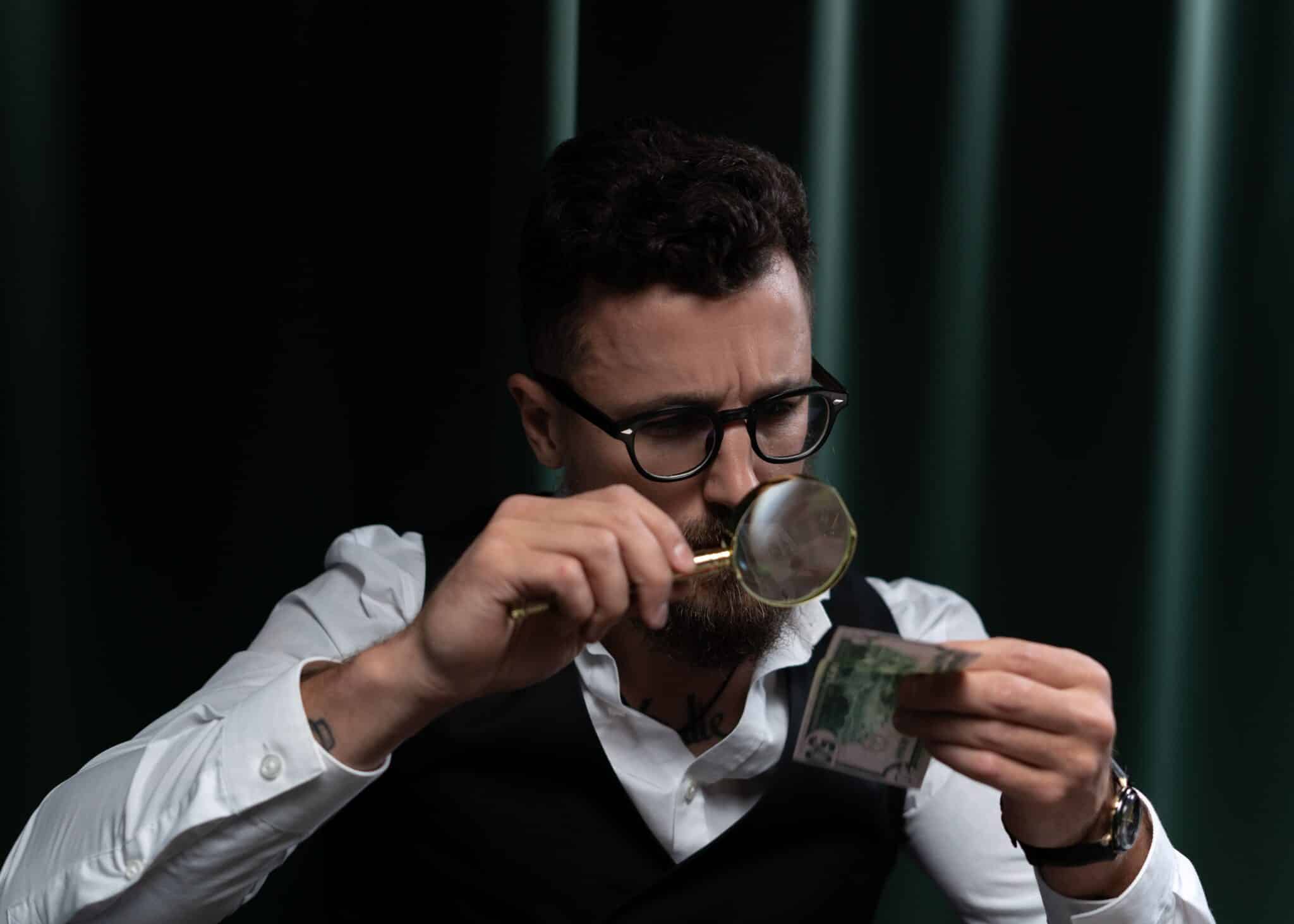 Man looking through a magnifying glass